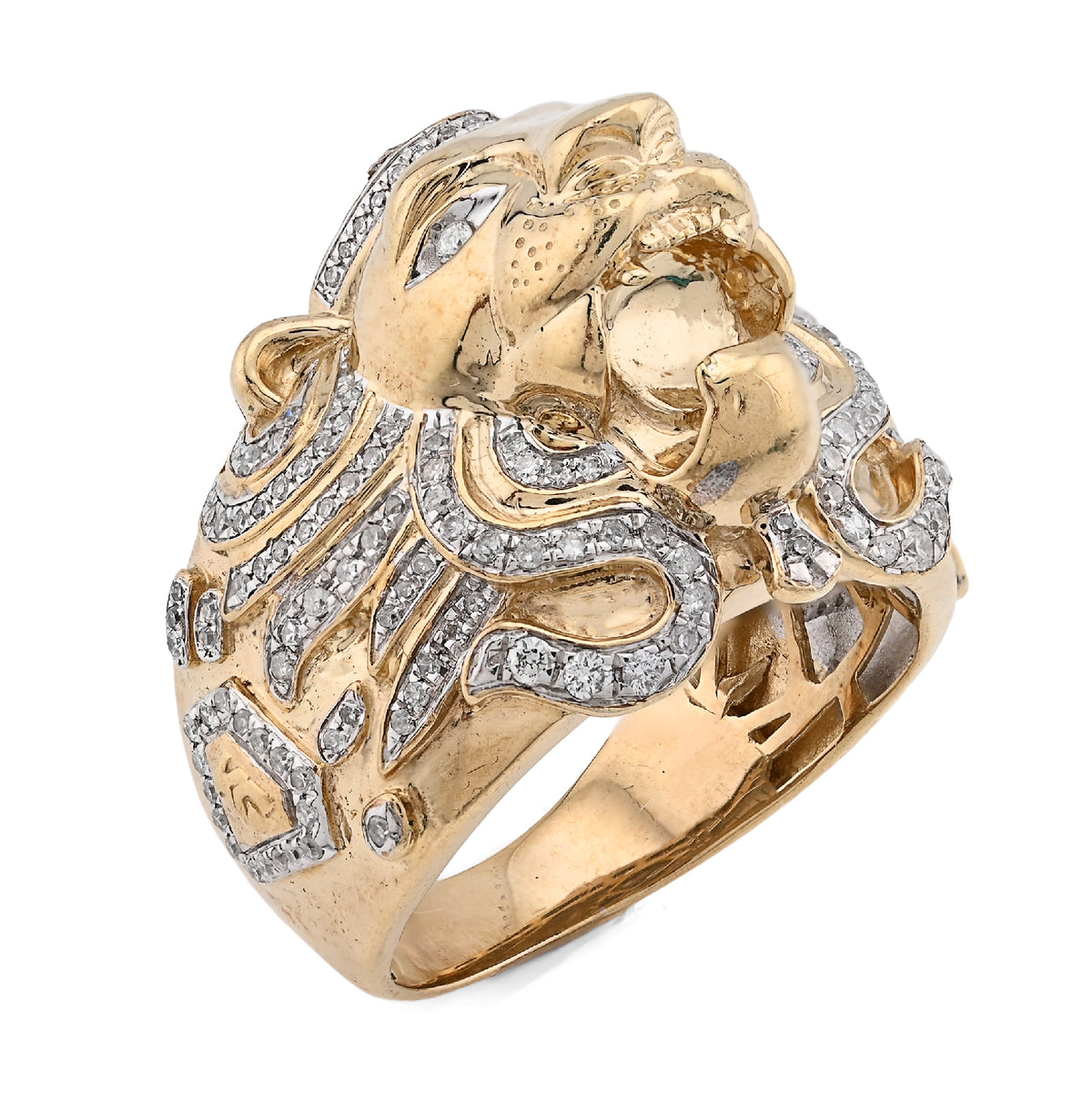 10K Yellow Gold 0.75CT Natural Diamond RoaRing Lion Head Men Pinky Ring — view 3