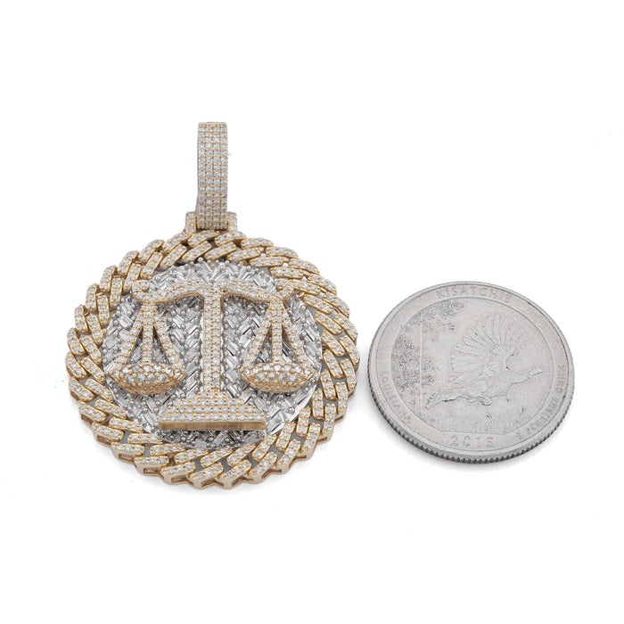 Libra Scale Cuban Link Edge Charm Baguette/Pointer 1.9ct Natural Diamond 10K Gold Men Women Pendant