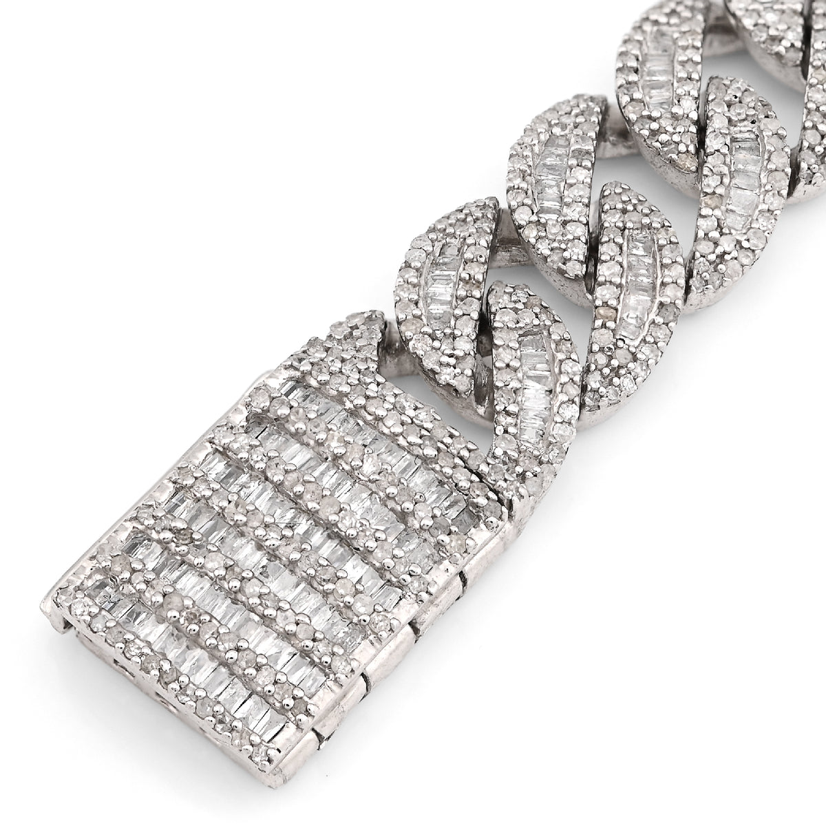 925 SS 6.4CT Natural Diamond Round/Baguette 11MM 8" Cuban Link Men Bracelet 35.6g — view 2