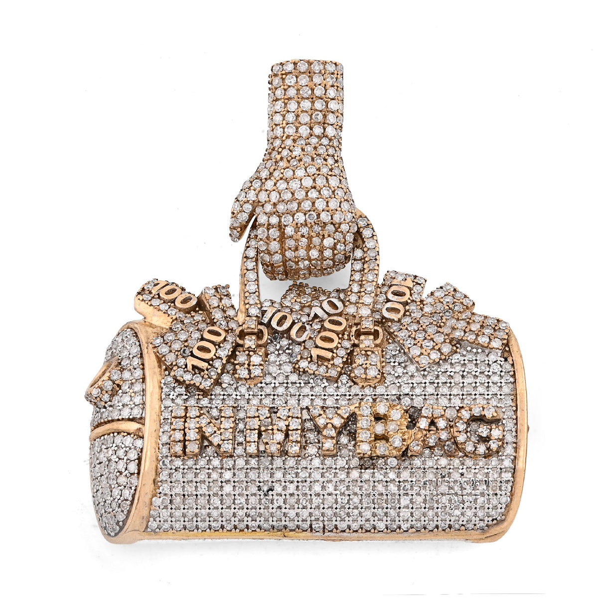 10K Yellow Gold 5CT Natural Diamond "IN MY BAG" Women Purse Hand Bail Pendant — view 2