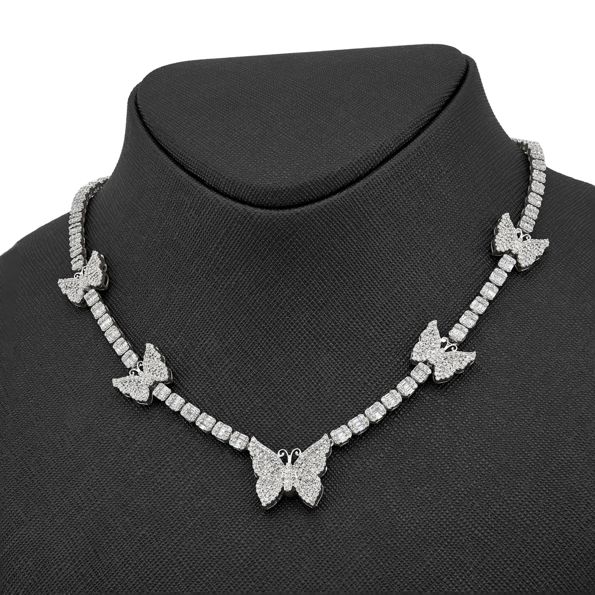 10K White Gold 5.48 CT Round & baguette Natural Diamond Butterfly Tennis Chain 18" Women Necklace 26.5 g — view 11