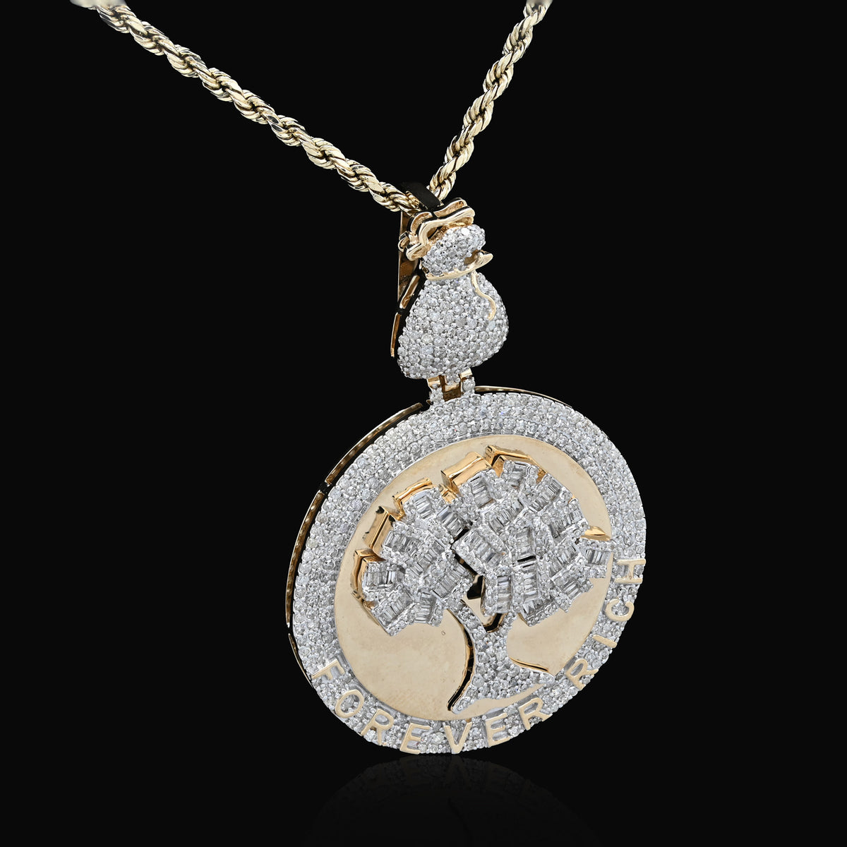 10K yellow Gold 3.50 CT Natural Diamond Round/Baguette "Forever Rich" $ Tree Pendant 15.4 g Charm — view 7