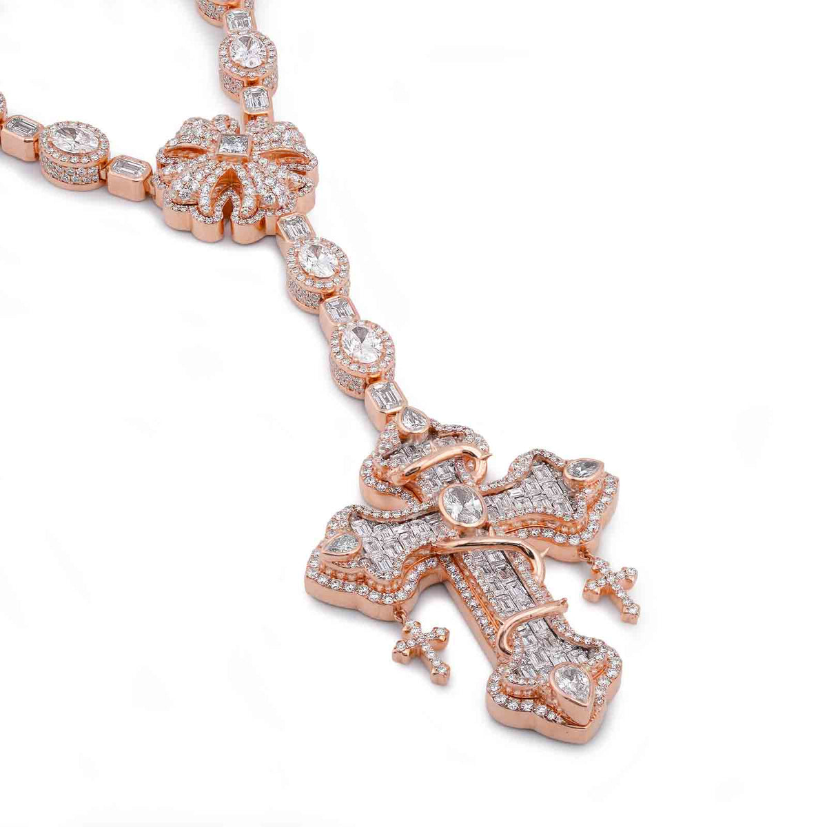 925 Rose/White 60.61CT Oval/Emerald/PRincess/Pear Solitaire Cross Lab Diamond Men Women Rosary Chain — view 6