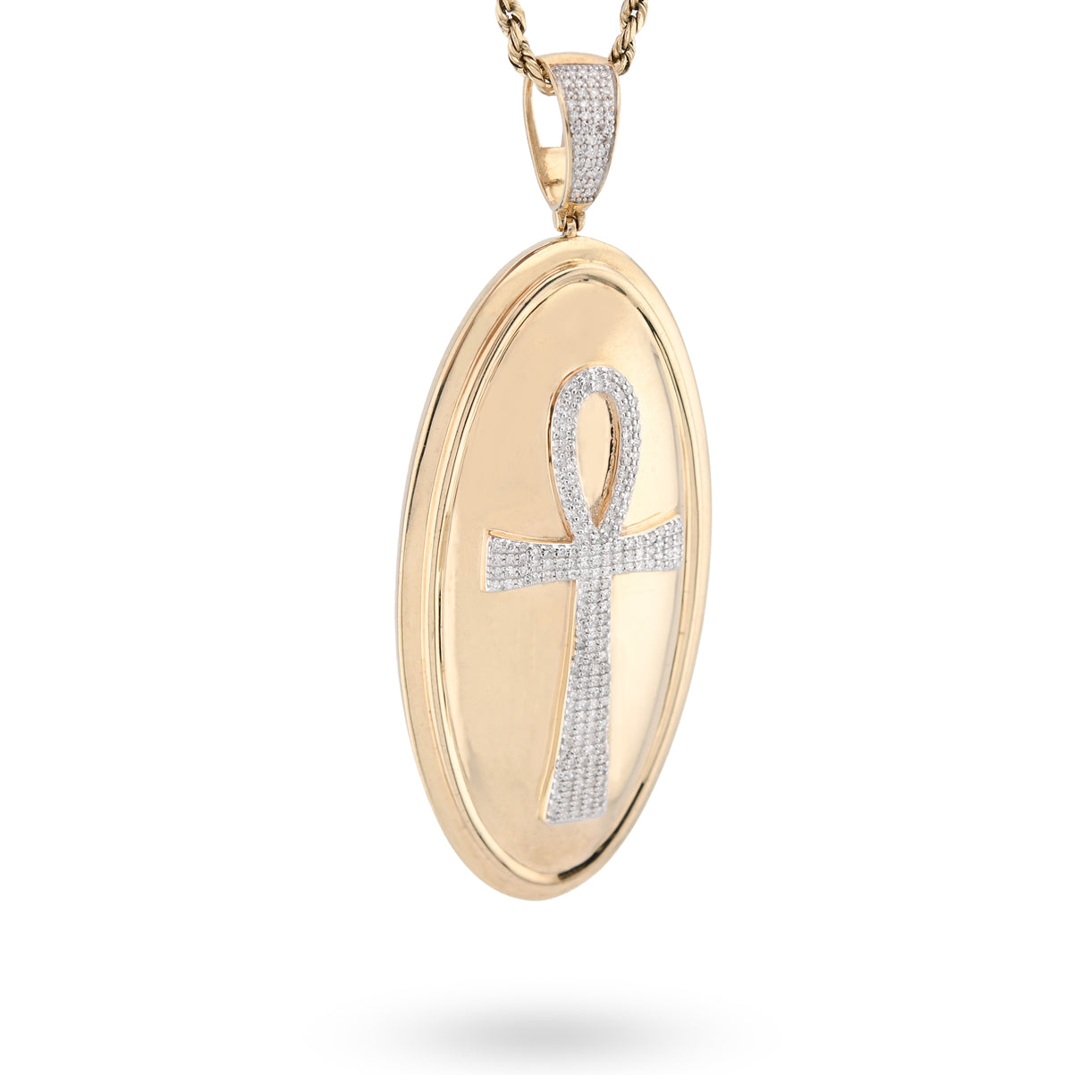 10K Yellow Gold 0.65CT Natural Diamond Oval Ankh Cross Pendant Men Women Religious Charm — view 2