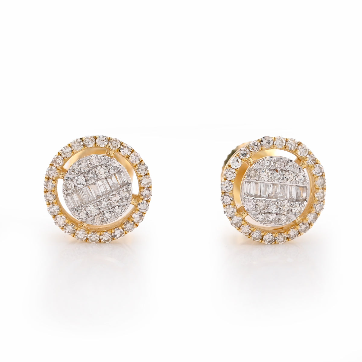 10K Yellow Gold 0.50CT Round/Baguette Natural Diamond Round Halo Shape Studs Men Women Earrings — view 1