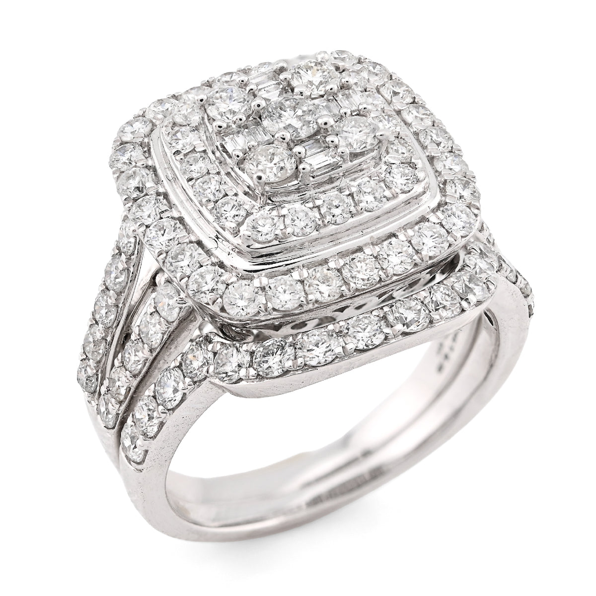 14K White Gold 1.98CT Natural Diamond Round/Baguette Big Square Women Ring Wedding Band — view 7
