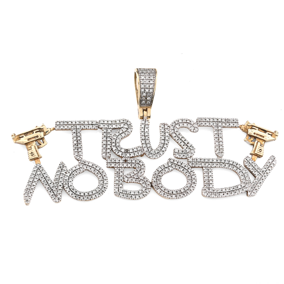 10K Yellow Gold 1.10Ct Natural Diamond "Trust Nobody" Gun Men Pendant Women 2.5" Charm — view 2