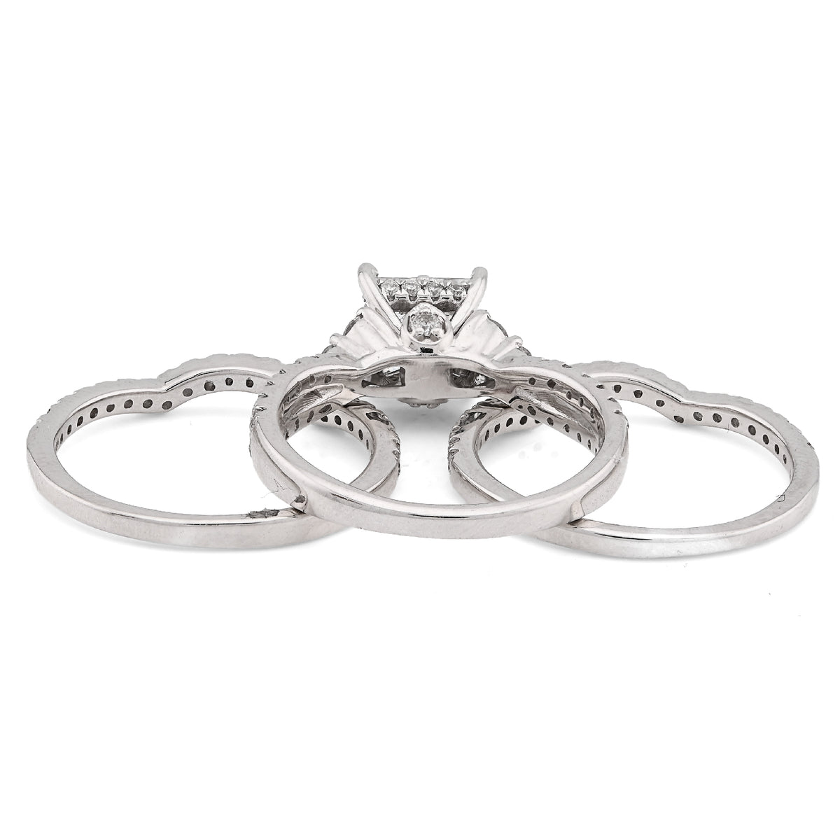14K White Gold 1.50CT Natural Diamond Princess Cut/Round Square Shape Women 2 Band Wedding Ring — view 3