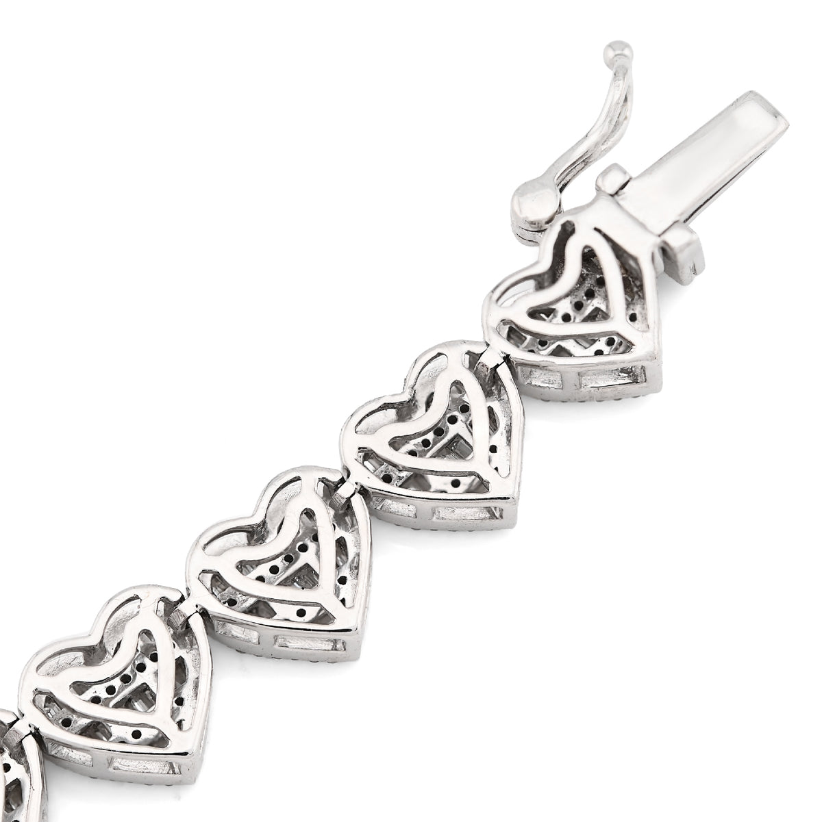 10K White Gold 2.52CT Round/Baguette Natural Diamond 7.5MM Tennis Heart Bracelet 7" 14.9g — view 8
