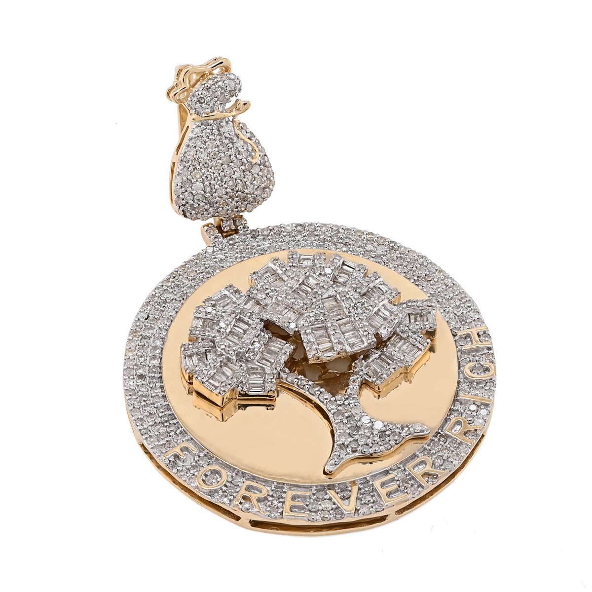 10K yellow Gold 3.50 CT Natural Diamond Round/Baguette "Forever Rich" $ Tree Pendant 15.4 g Charm — view 4