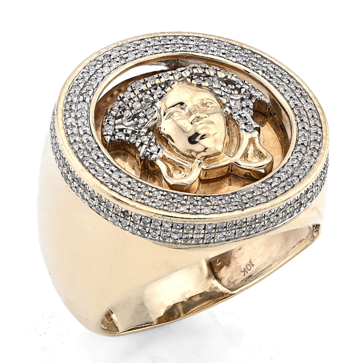 10K Yellow Gold Round Medusa Face 1CT Natural Diamond Men Pinky Ring — view 3