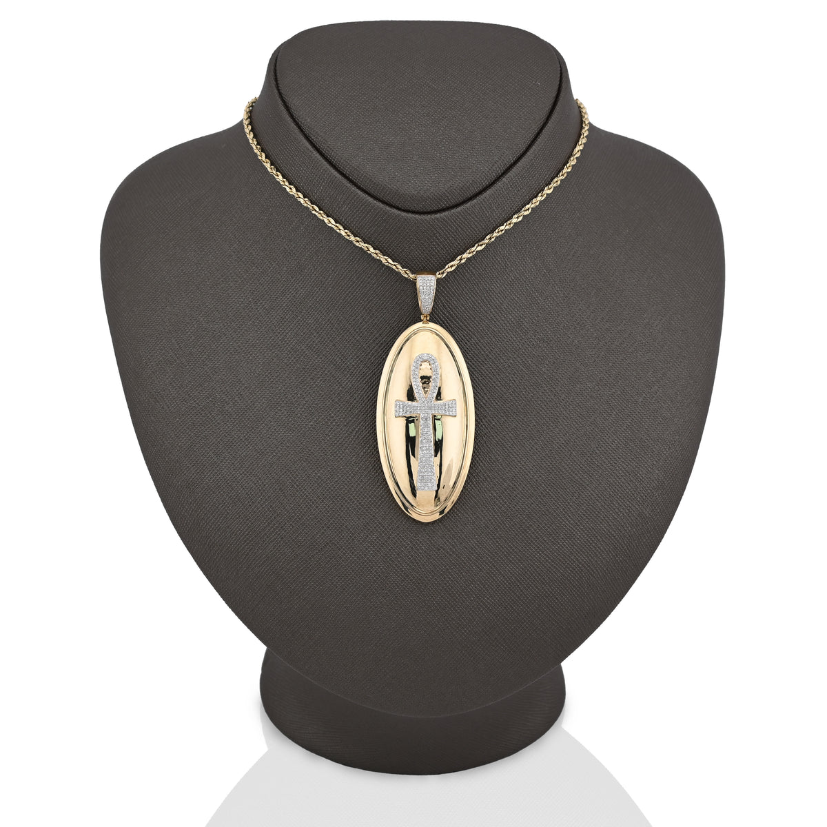 10K Yellow Gold 0.65CT Natural Diamond Oval Ankh Cross Pendant Men Women Religious Charm — view 4