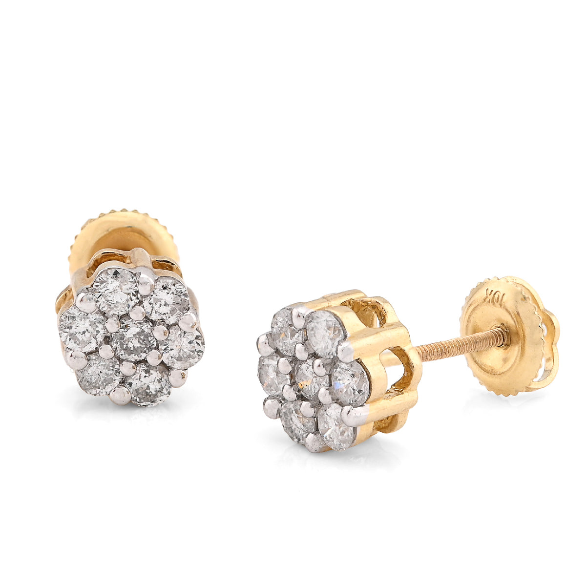 10K Yellow Gold 0.77CT Natural Diamond Flower Stud Men Women Earrings — view 2