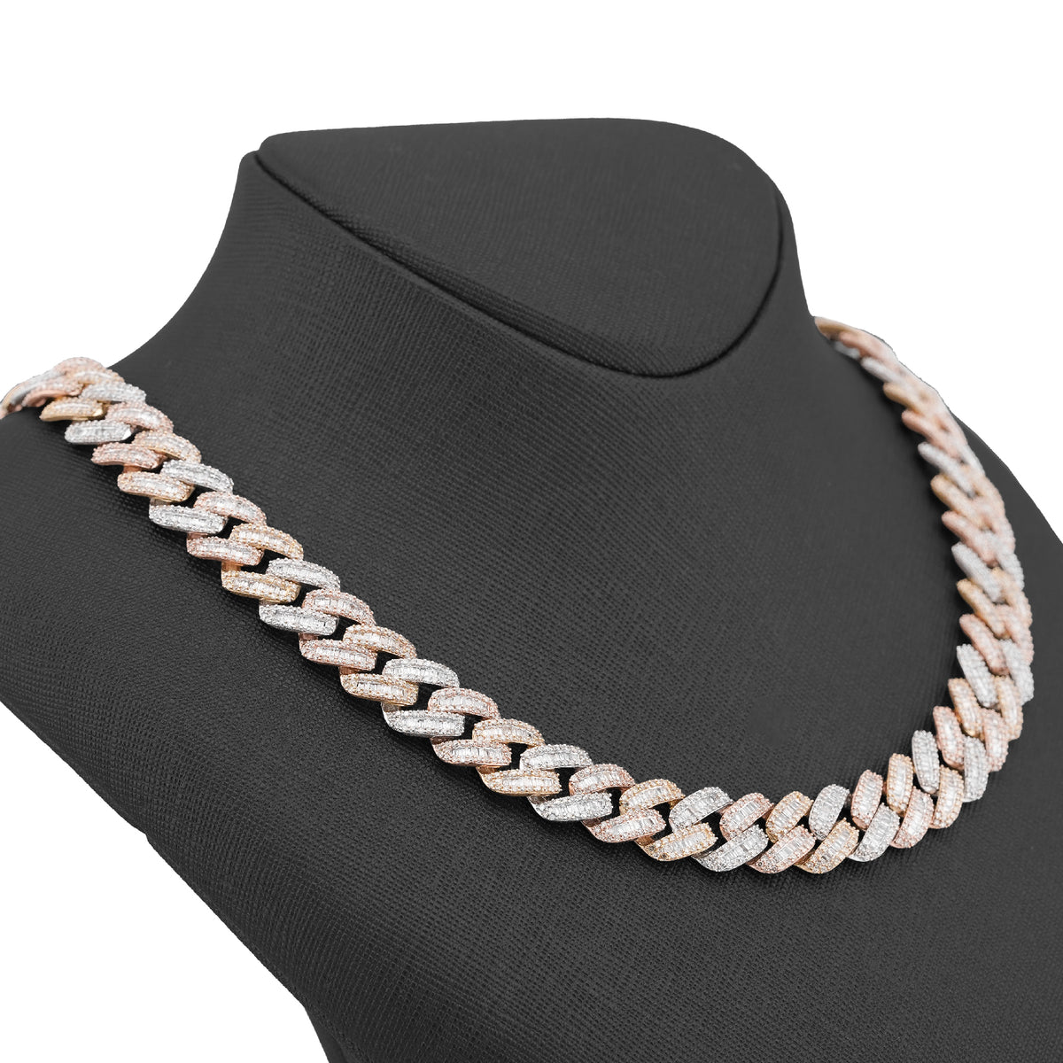 10K 3-Tone Yellow/White/Rose Gold 26CT Natural Diamond Round/Baguette 13MM Chain Men 22" Necklace — view 2