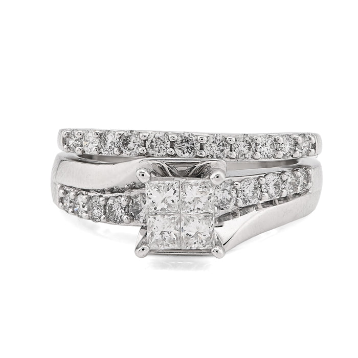 14K White Gold 1CT Natural Diamond Princess Cut/Round Square Women Ring Wedding Band — view 1