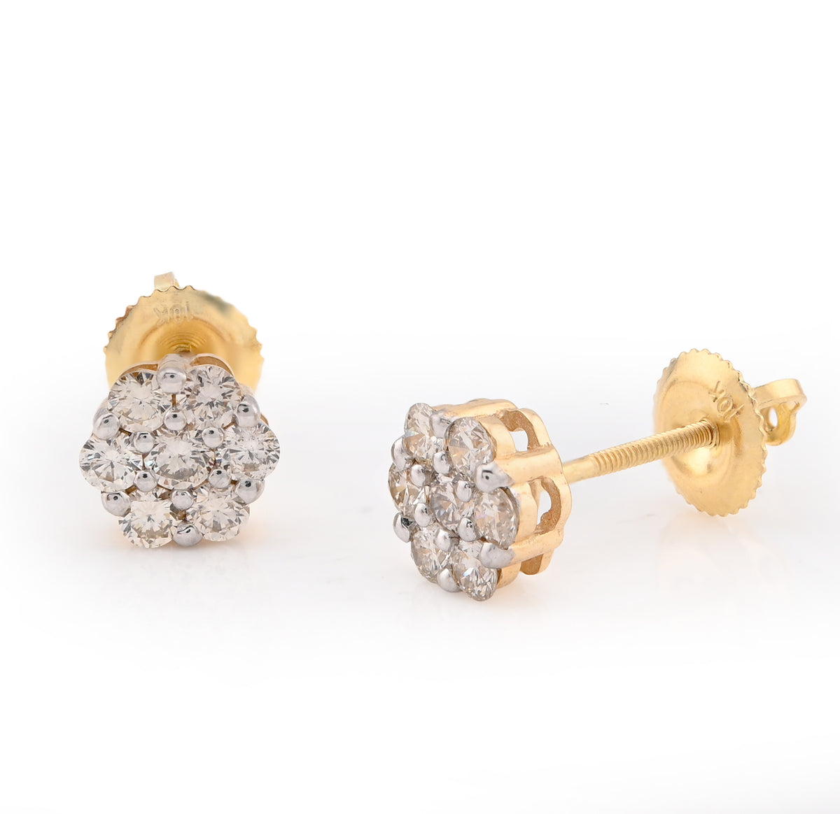 10K Yellow Gold Flower Cluster Stud 0.75CT Natural Diamond Women Men Earrings — view 3