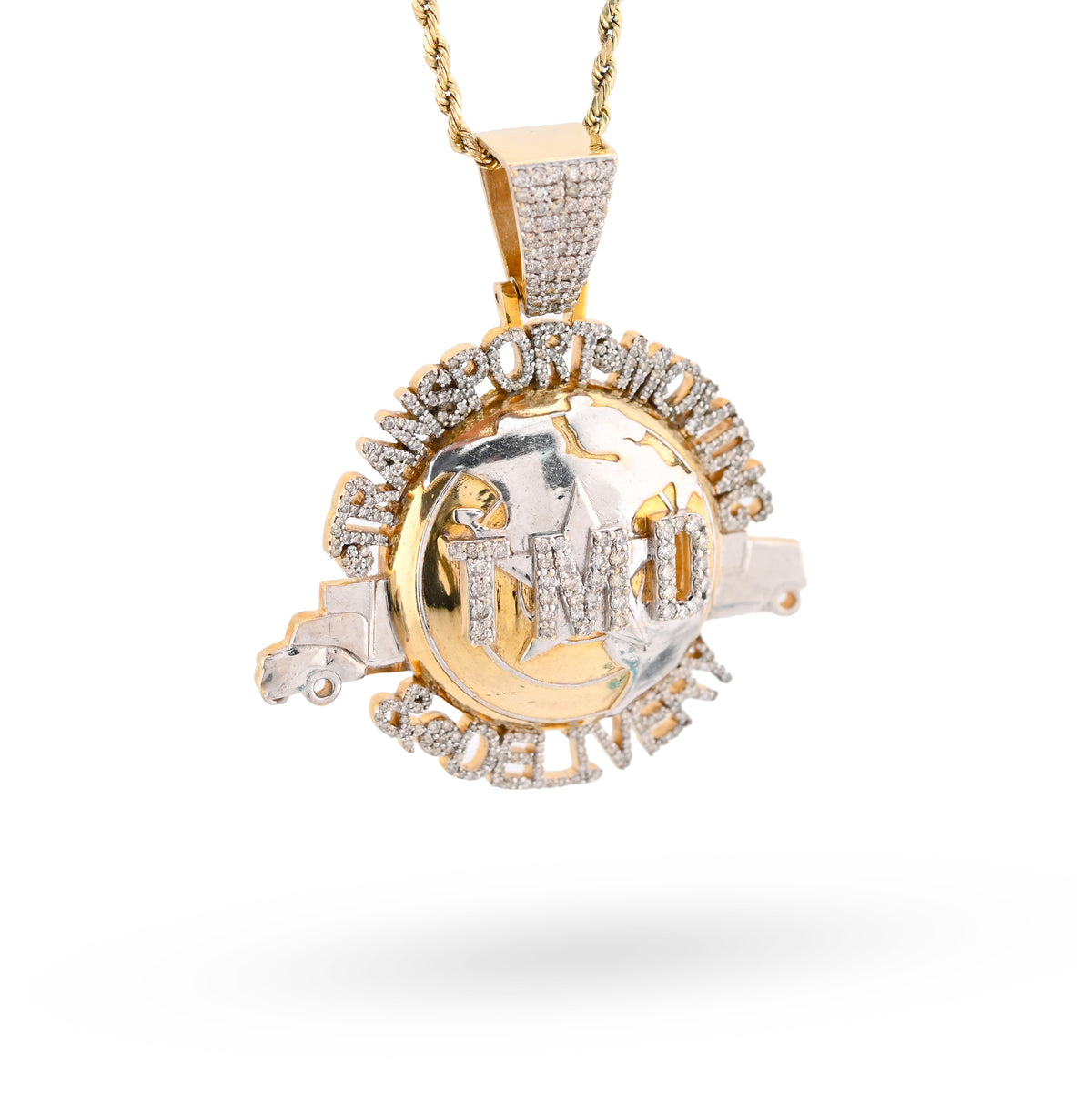10K Yellow Gold "Transport, Moving & Delivery" Globe Truck 2CT Natural Diamond Men Pendant Charm — view 2