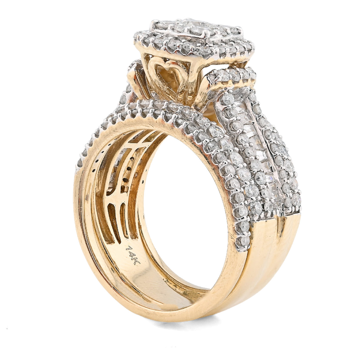 14K yellow Gold Round/Baguette 2.10CT Natural Diamond 3 band Square centre Women Wedding Ring Band — view 7
