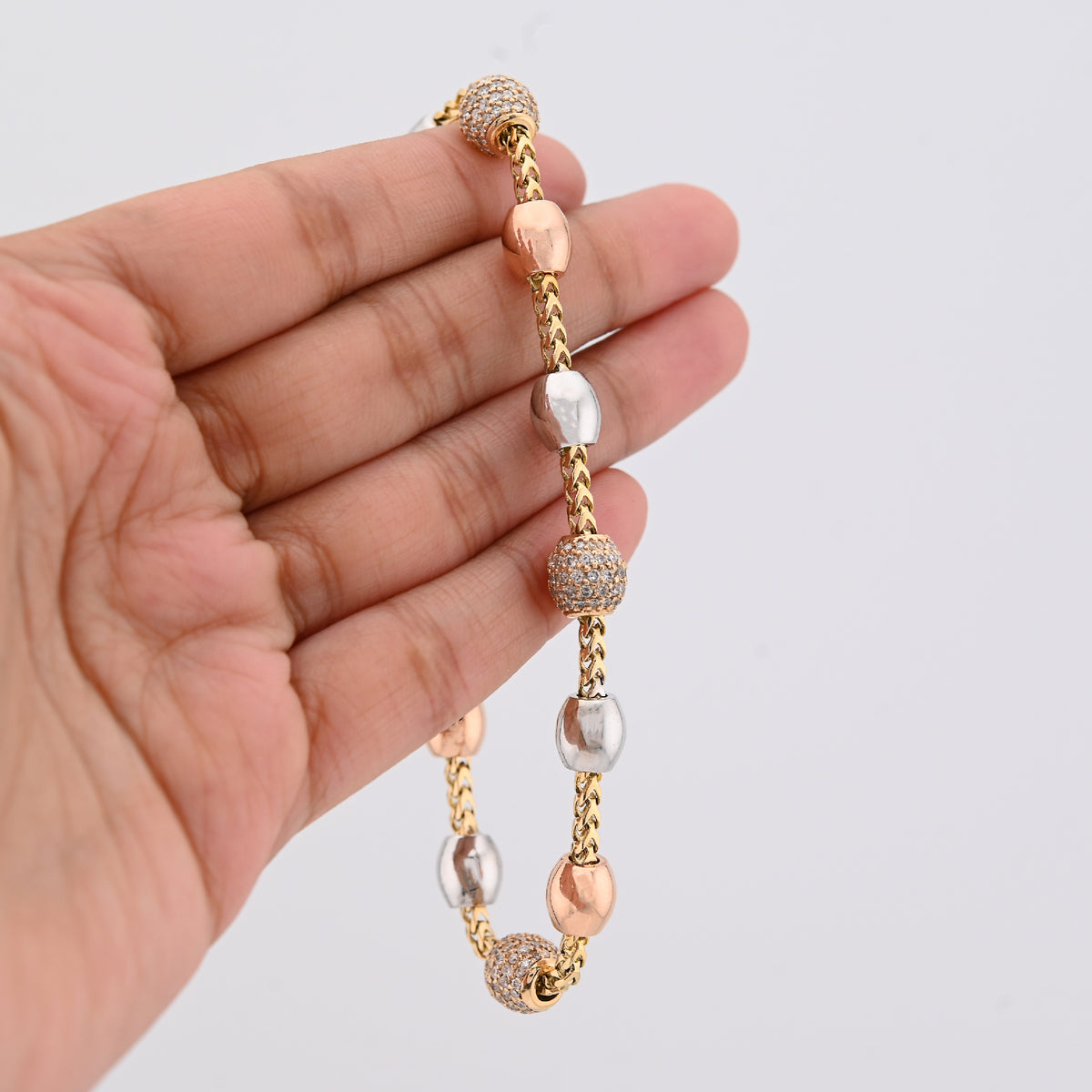 14K White/Yellow/Rose Gold 2.27CT Natural Diamond Round Bead Franco Link 41.4g Bracelet  — view 4