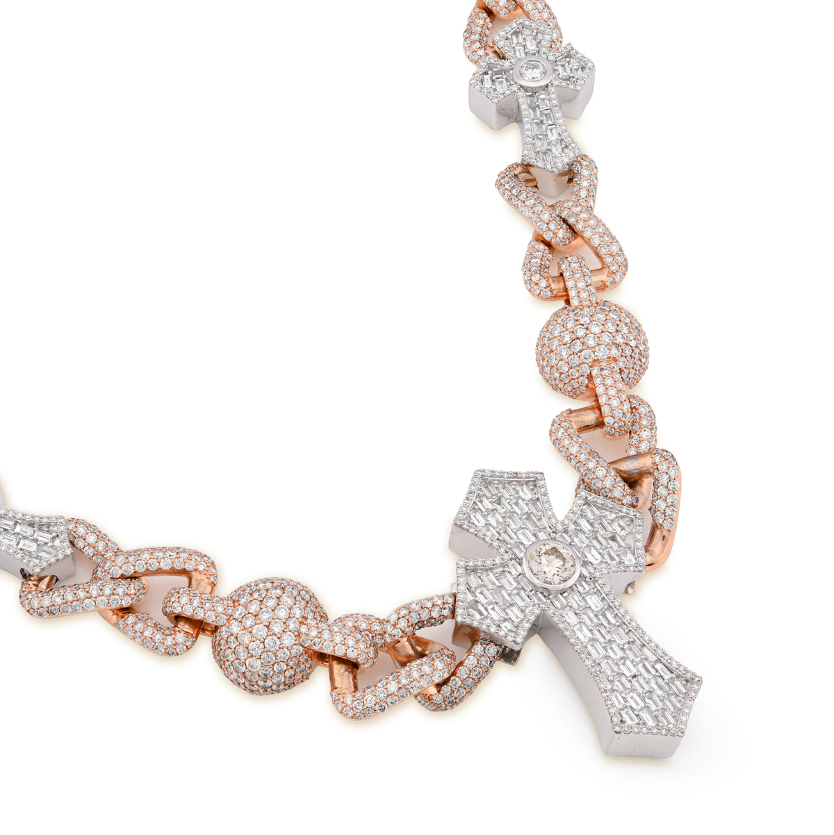 10K Rose/White Gold 2 Tone 28CT Natural Diamond ROund/Baguette Cross & Infinity Link Chain 22" Necklace — view 7