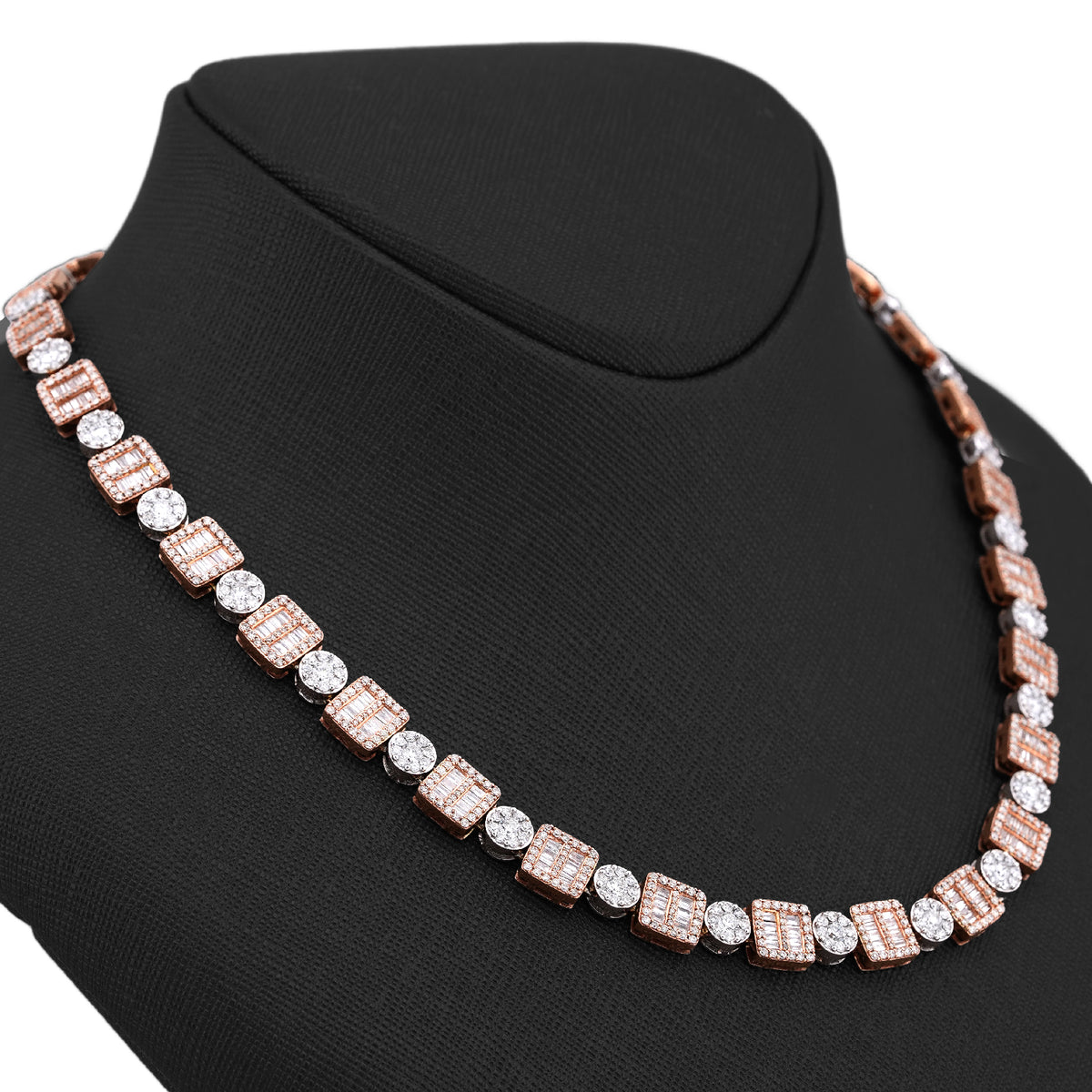 10K Rose/White Gold Square Round Link Natural Round/Baguette Diamond Men Women Tennis Chain — view 2