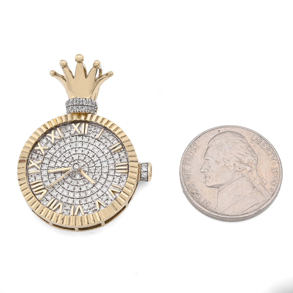 10K Yellow Gold 1Ct Natural Diamond 1Ct Clock Roman Dial Crown Pendant Men Women Charm — view 7