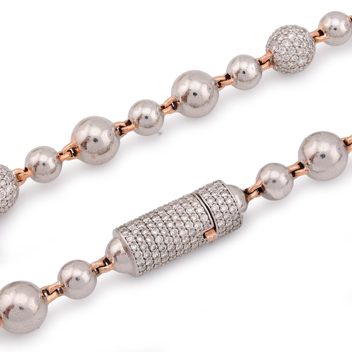 Bead Ball Chain Two Tone Rose/White 8CT Lab Diamond 925 Silver 8.5MM 20" Necklace — view 3