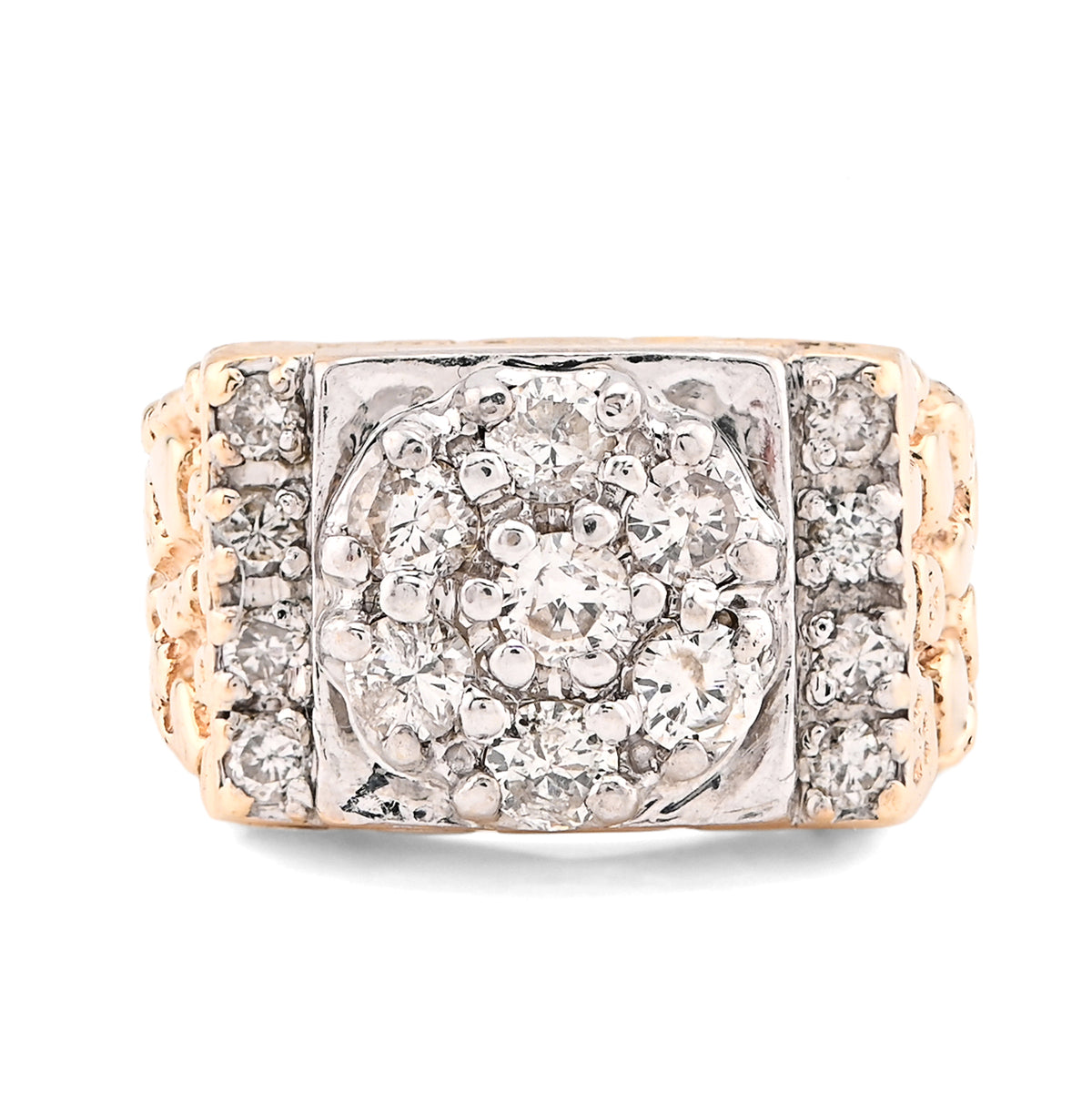 10K Yellow Gold Flower Cluster Centre Rectangular 1.62CT Natural Diamond Nugget Men Ring — view 1