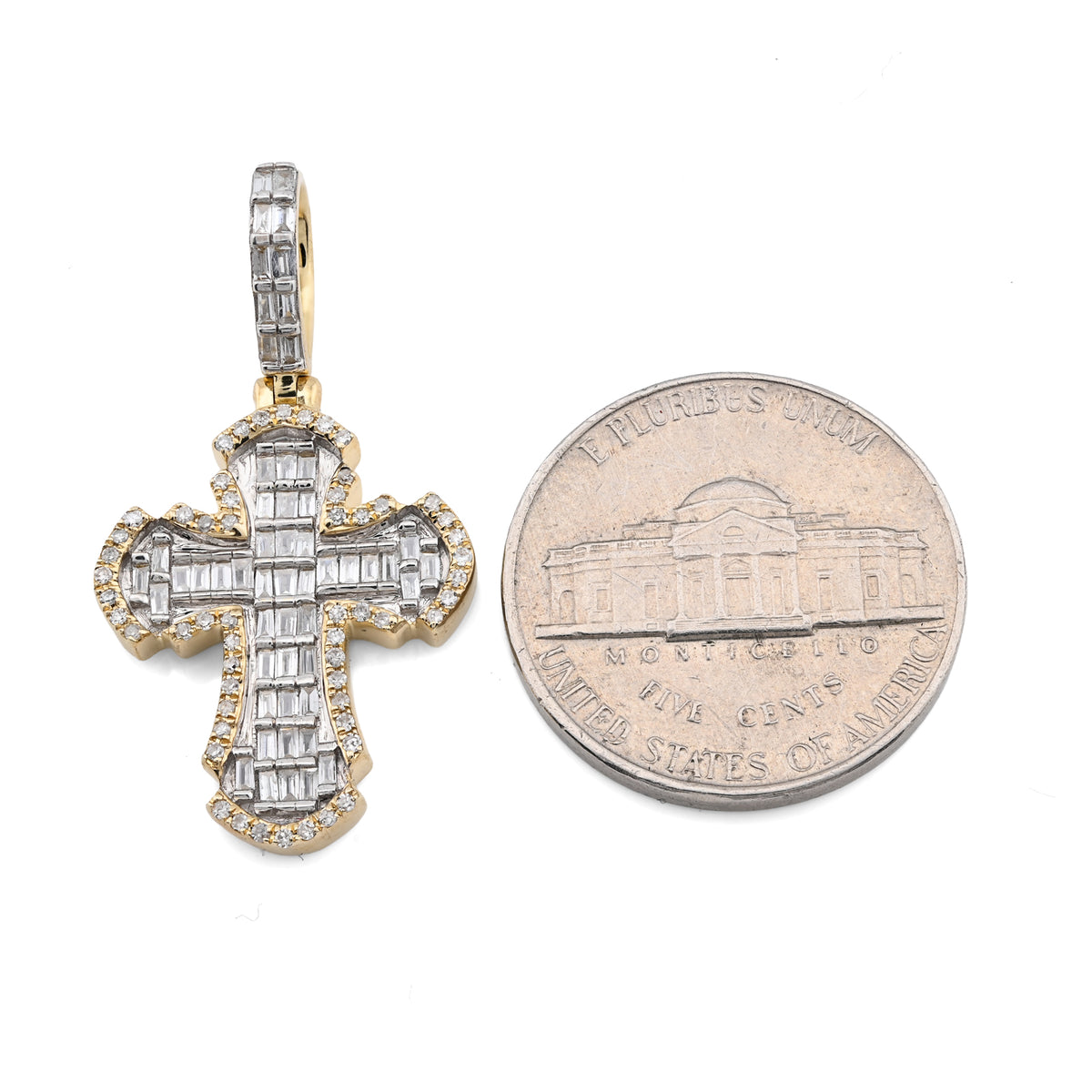 10K Yellow Gold Round & baguettes 0.43 CT natural Diamond Cross Charm 33.3 MM — view 7