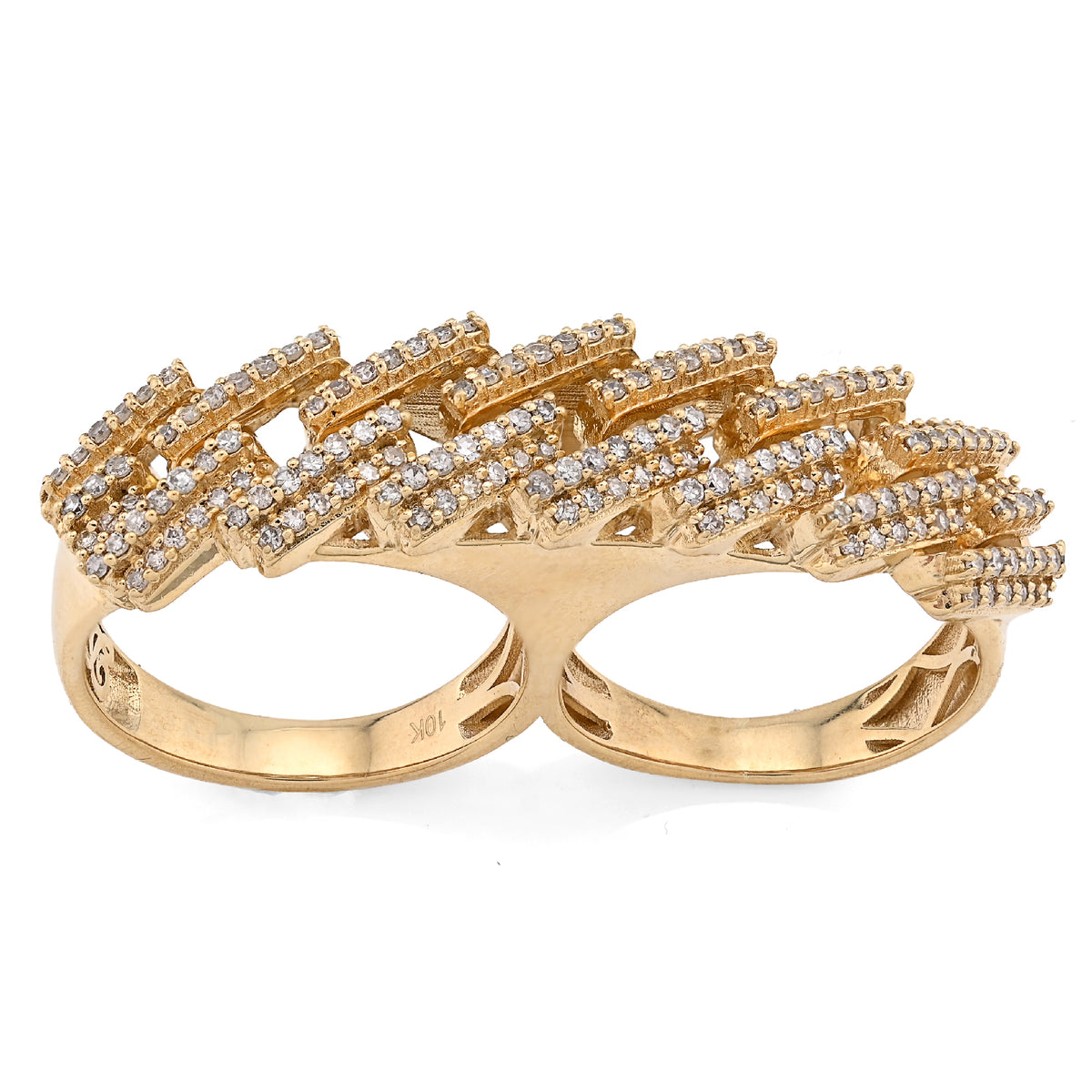 10K Yellow Gold Cuban Link 2 Finger 3CT Natural Diamond Men Ring — view 2