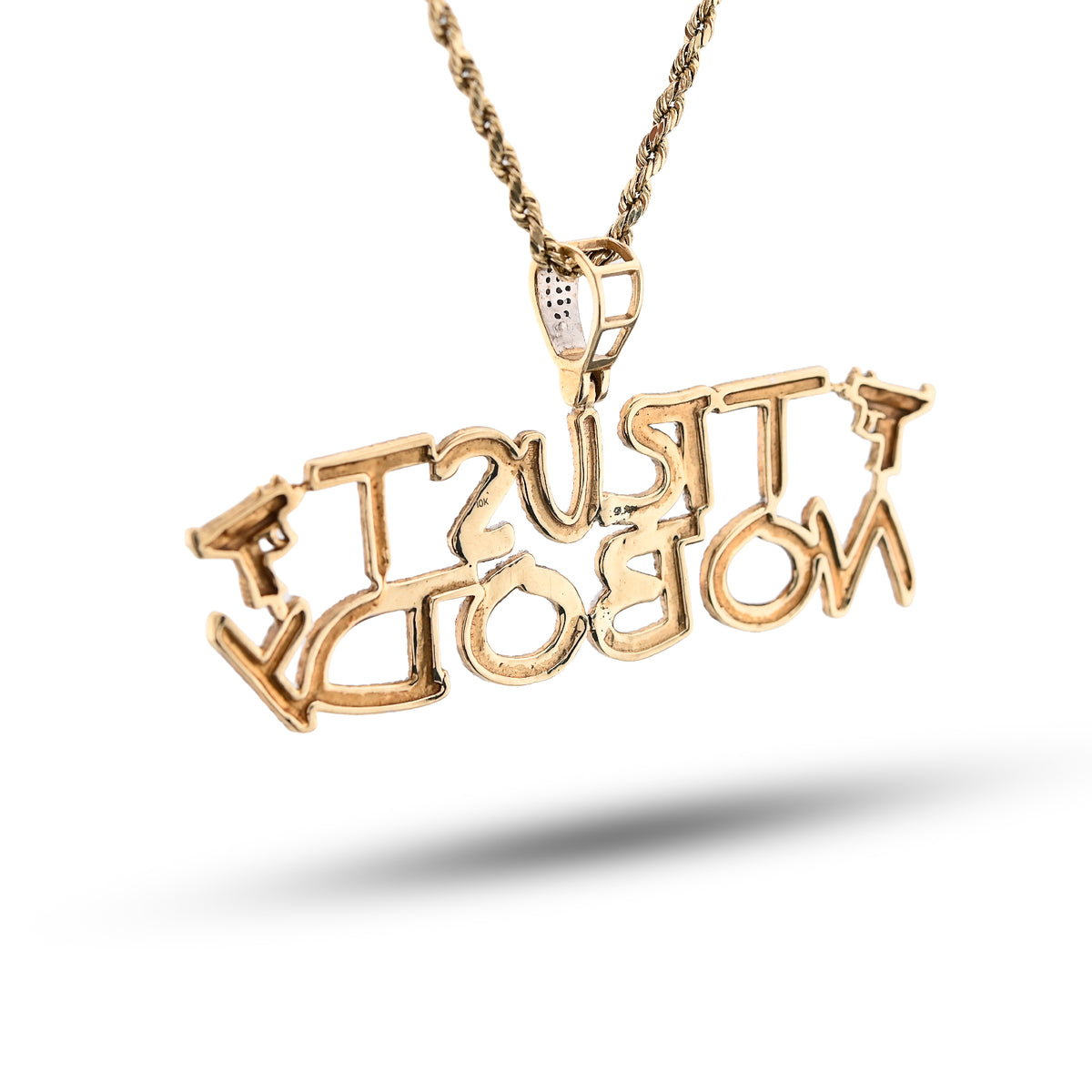 10K Yellow Gold 1.10Ct Natural Diamond "Trust Nobody" Gun Men Pendant Women 2.5" Charm — view 6