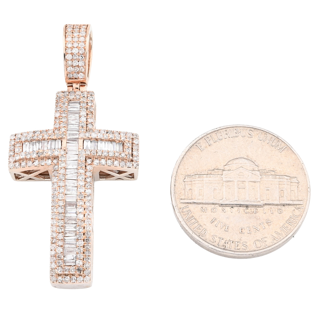 10K Rose Gold 2 CT Round & Baguette Natural Diamond Cross Religious Pendant 5.9 g Men Charm — view 6