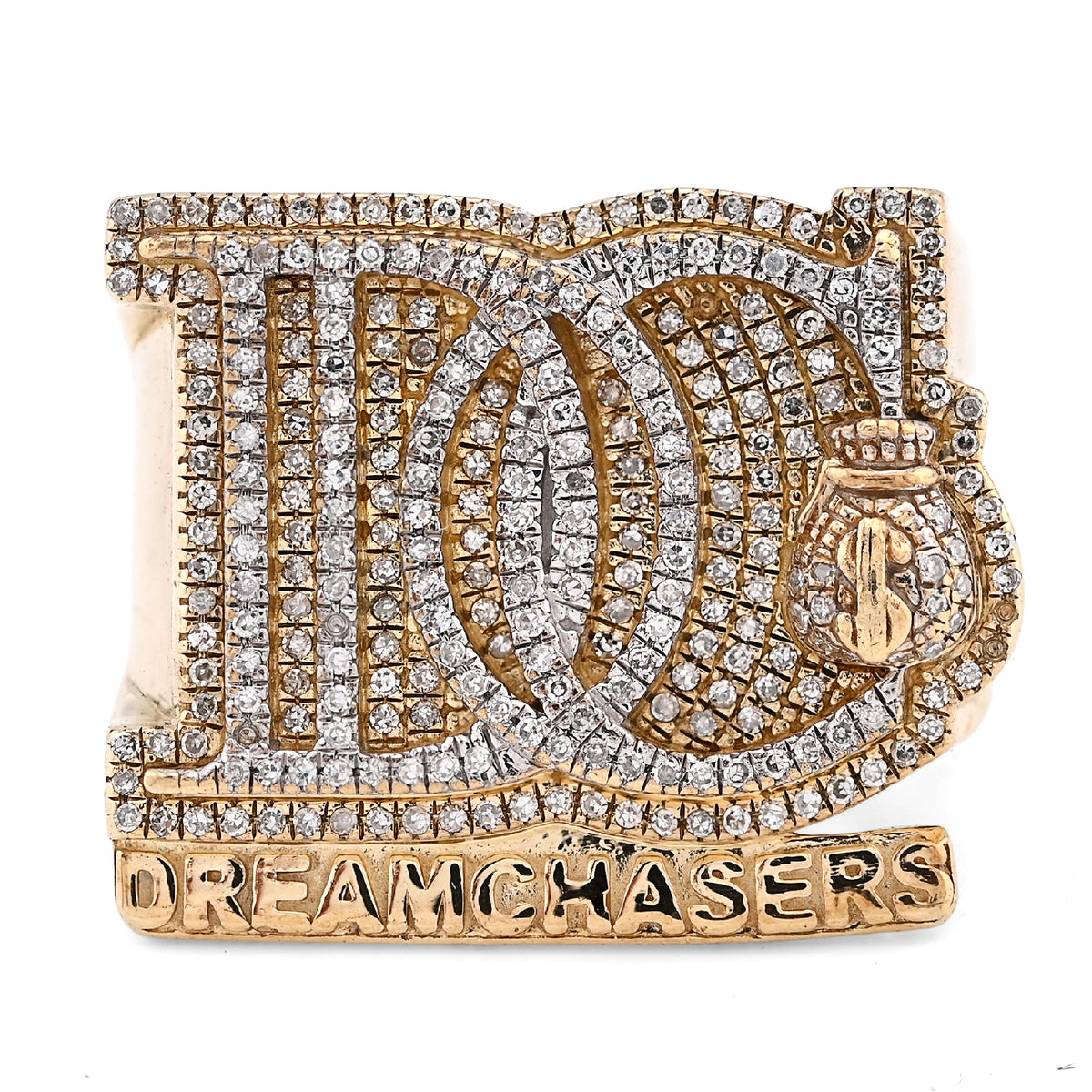 10K Yellow Gold 1.38CT Dream Chasers Initial Natural Diamond Money Bag Men Pinky Ring — view 1
