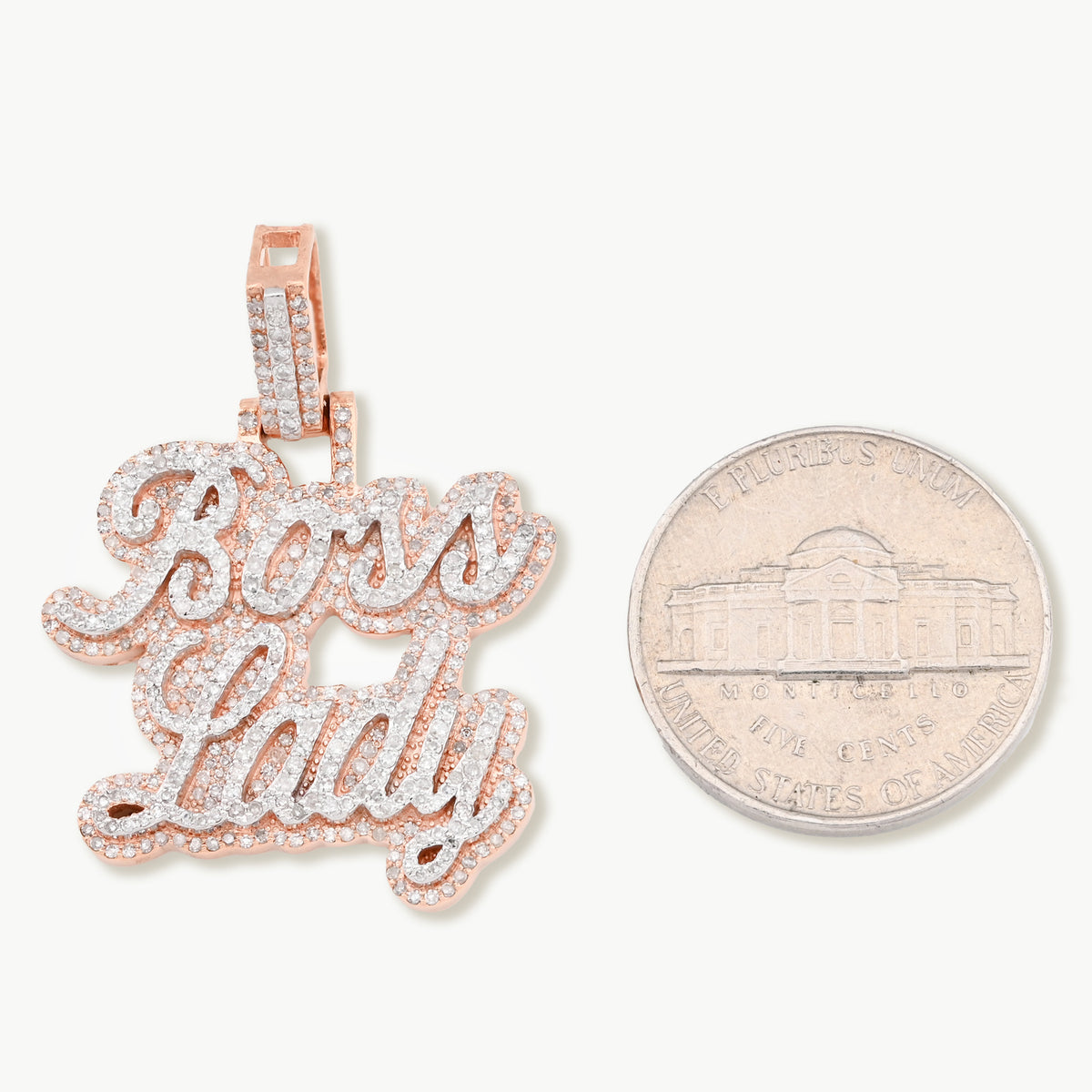 10K Rose Gold 1.12 CT Natural Diamond "BOSS LADY" Pendant Women 36 MM — view 3