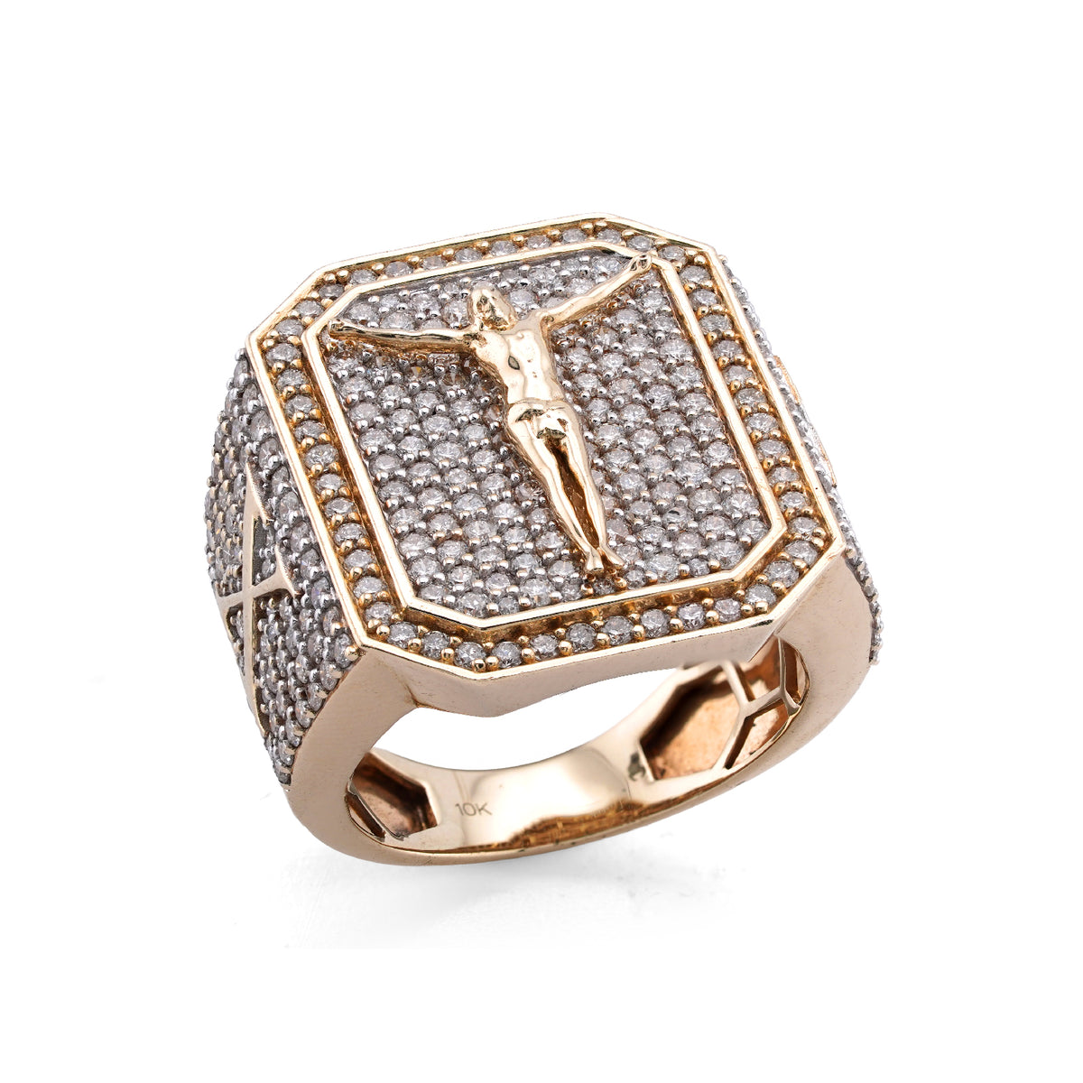 10K Yellow Gold Octagon Shape 3.95CT Natural Diamond Hanging Jesus Men Pinky Ring — view 8