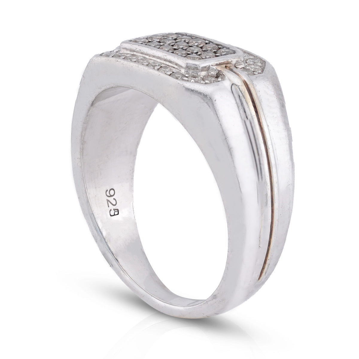 Rectangular Cluster Two Tone 0.7CT Natural Diamond 925 Silver Men Ring