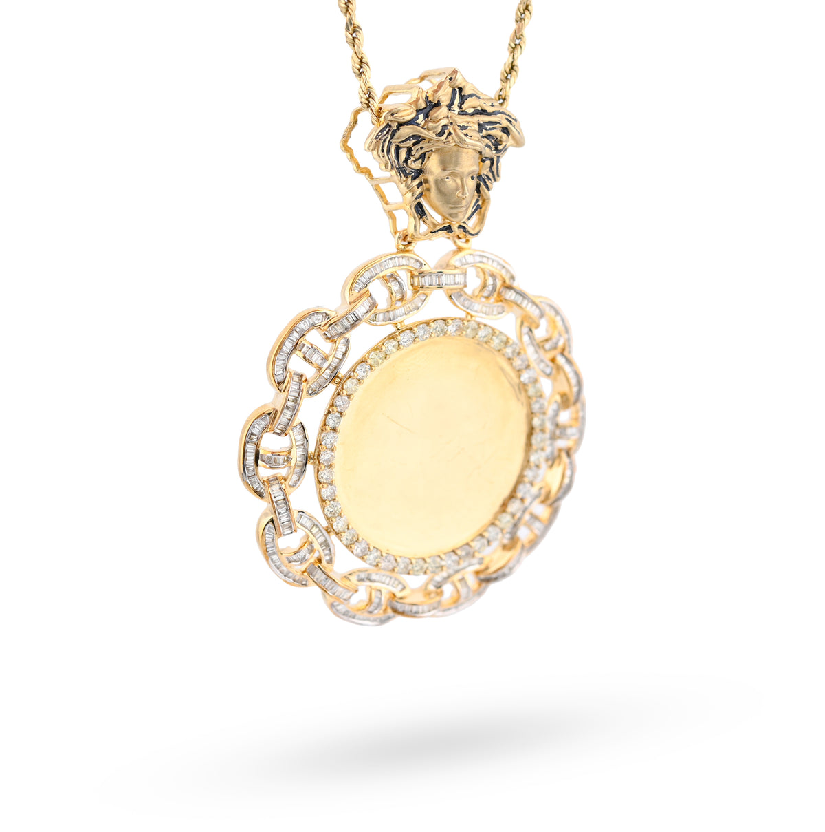 10K Yellow Gold Baguette Cuban Link Medusa 4.18CT Natural Diamond Memory Picture Pendant Men Women Charm — view 2