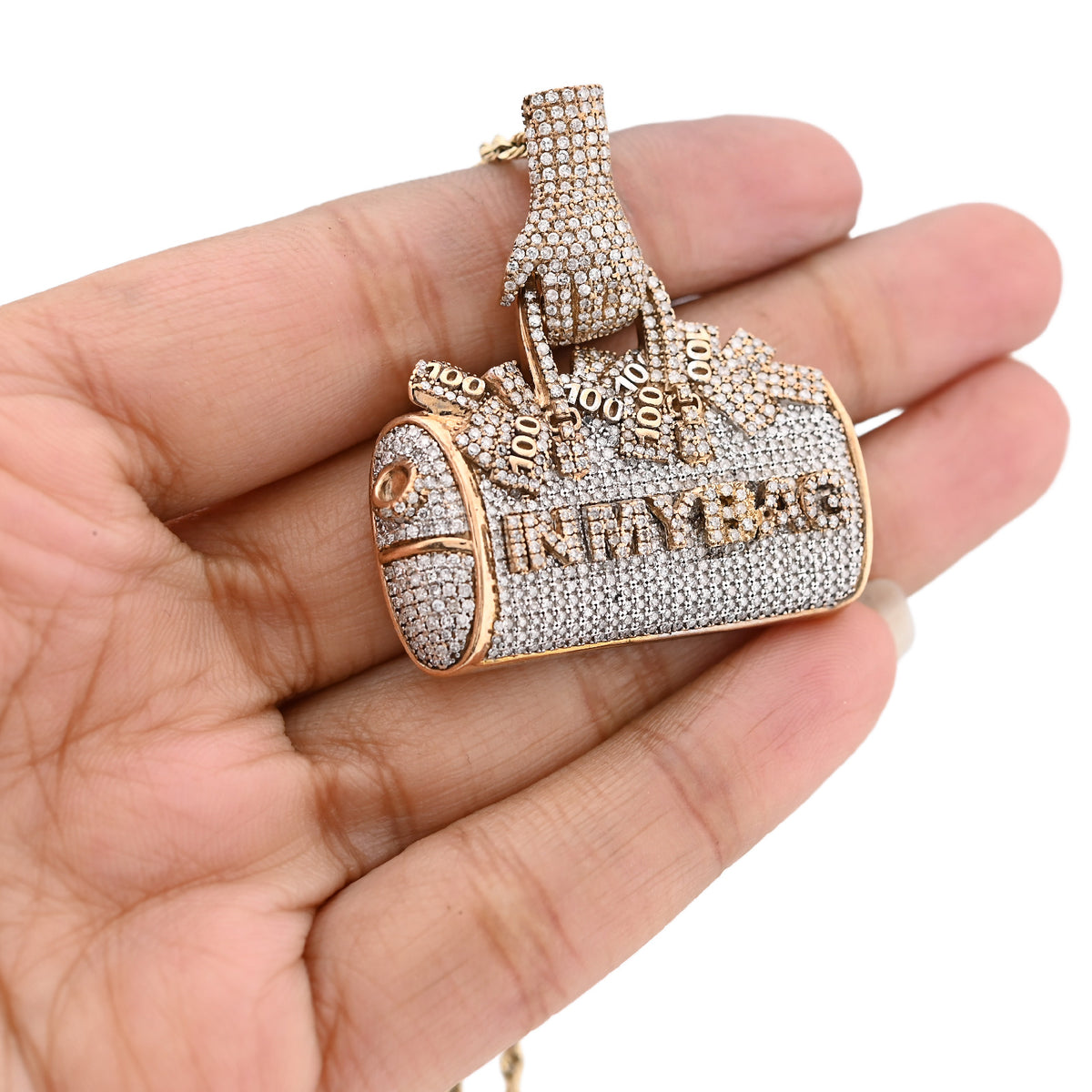 10K Yellow Gold 5CT Natural Diamond "IN MY BAG" Women Purse Hand Bail Pendant — view 4