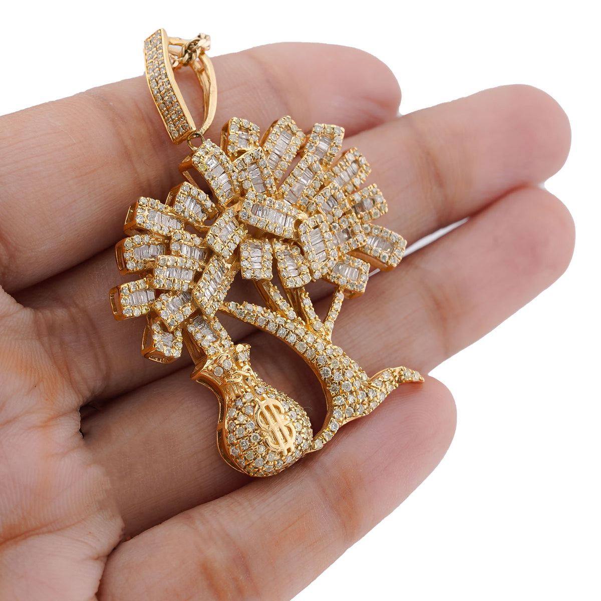 10K Yellow Gold Money Tree/ Money Bag Charm 3CT Round/Baguette Natural Diamond Charm — view 1