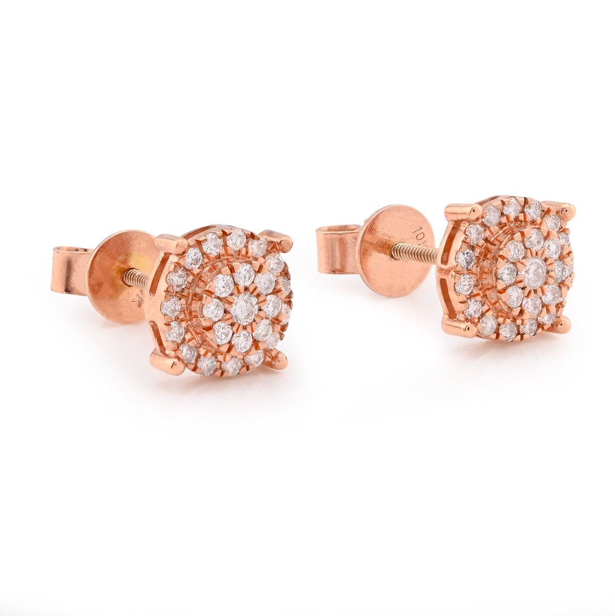 10K Rose Gold 0.44CT Round Natural Diamond Flower Cluster Halo Earrings Men Women Studs — view 2