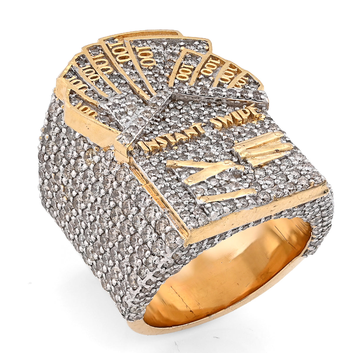 10K Yellow Gold 3.10CT Natural Diamond Trap House $100 Bill Top Men Pinky Ring 24.2g — view 2