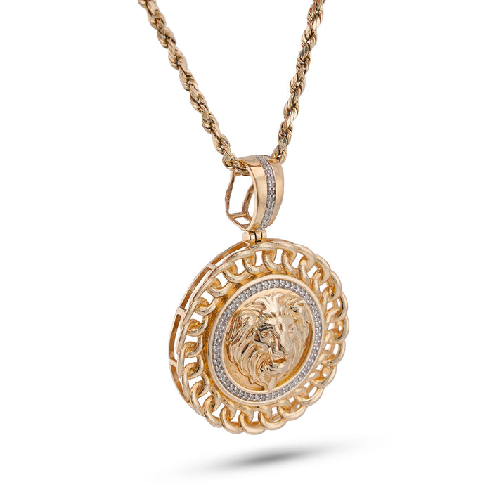 10K Yellow Gold 0.5CT Natural Diamond Lion with Cuban Link Round Charm Men Pendant — view 1