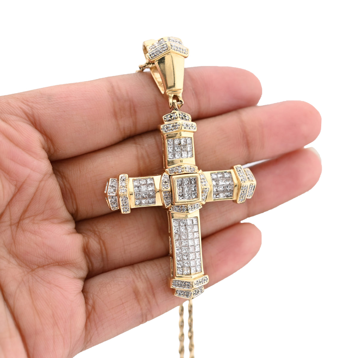 10K Yellow Gold Princess cut/Round 5CT Natural Diamond Religious Cross Pendant Men Women Charm — view 4