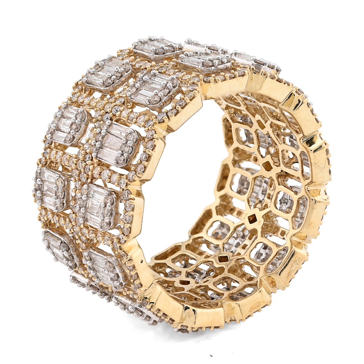 10K Yellow Gold 2 Row Round/Baguette 7CT Natural Diamond All Iced Men Ring — view 4