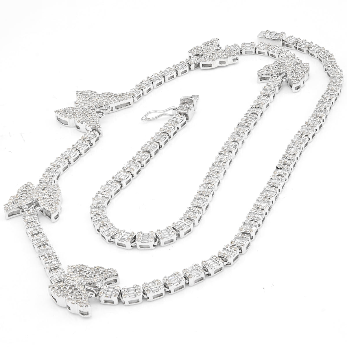 10K White Gold 5.48 CT Round & baguette Natural Diamond Butterfly Tennis Chain 18" Women Necklace 26.5 g — view 9