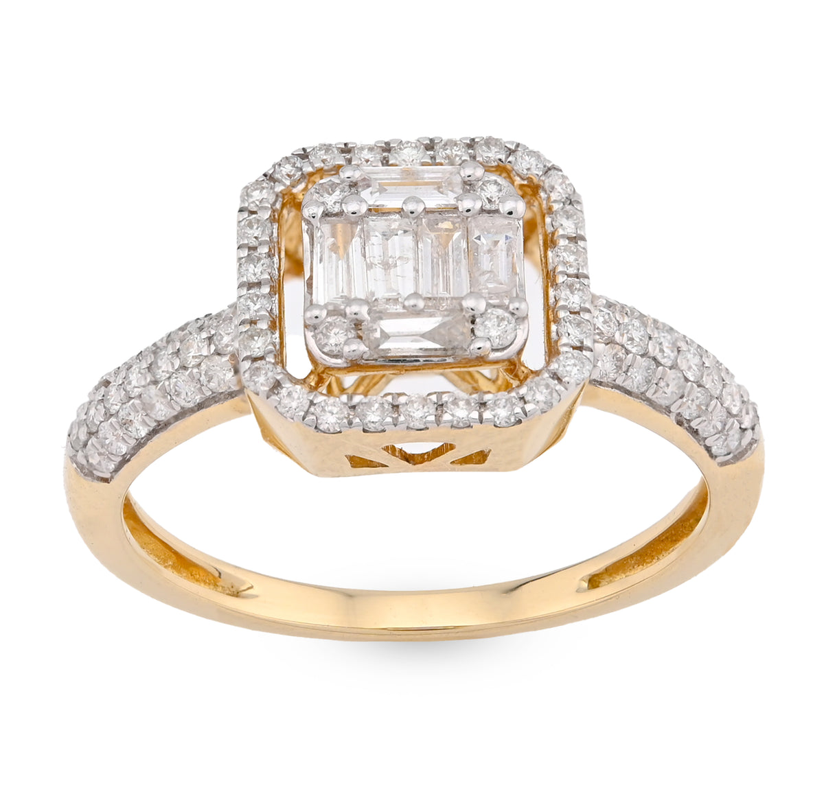 14K Yellow Gold 0.56CT Natural Diamond Round/Baguette Square shape Women Ring — view 2