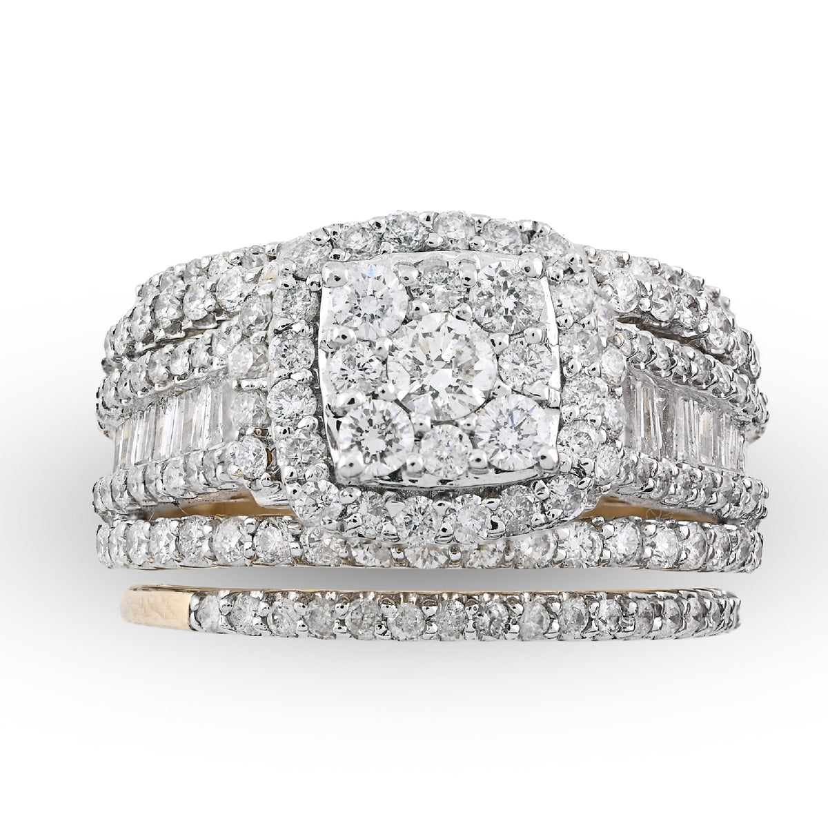 14K yellow Gold Round/Baguette 2.10CT Natural Diamond 3 band Square centre Women Wedding Ring Band — view 2