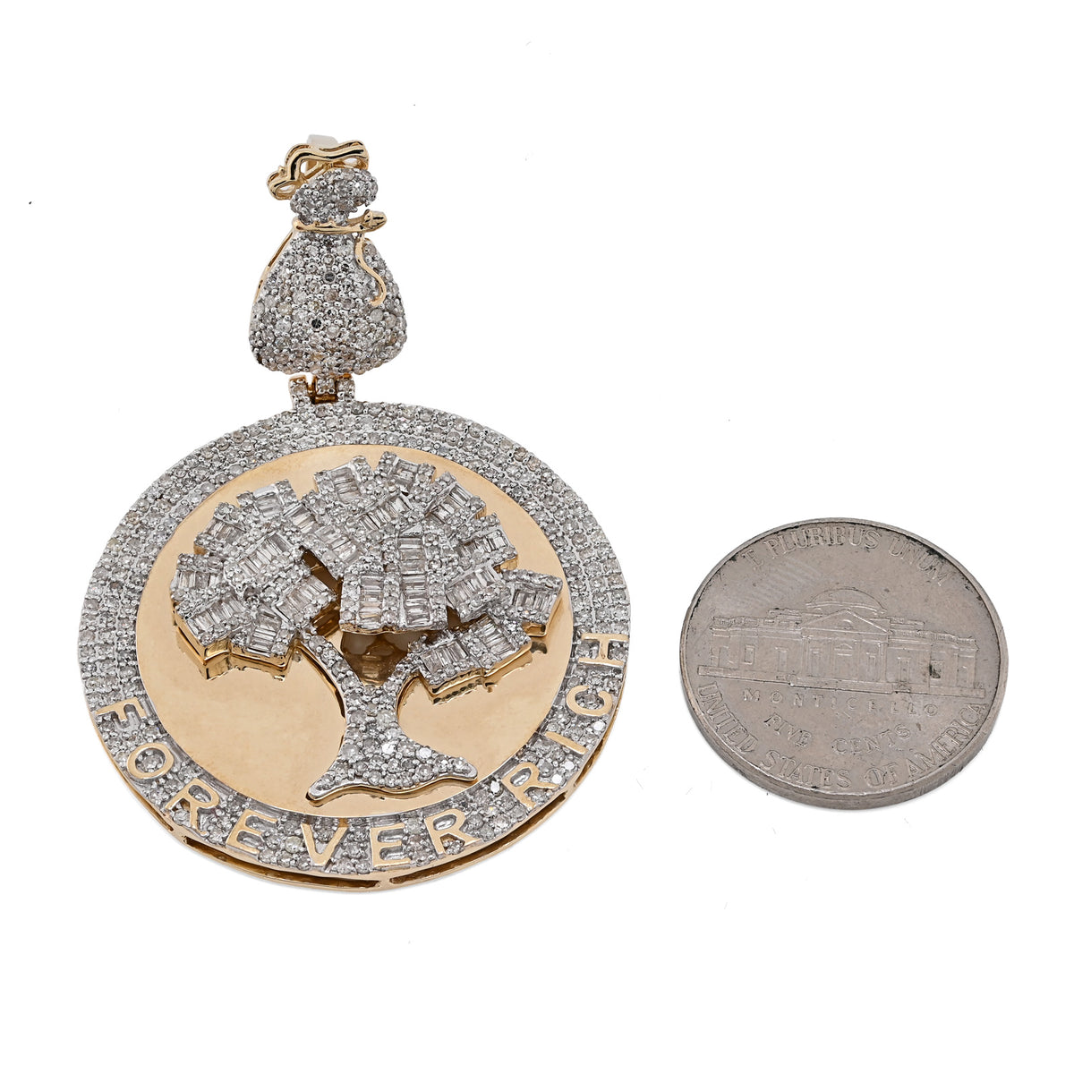 10K yellow Gold 3.50 CT Natural Diamond Round/Baguette "Forever Rich" $ Tree Pendant 15.4 g Charm — view 6