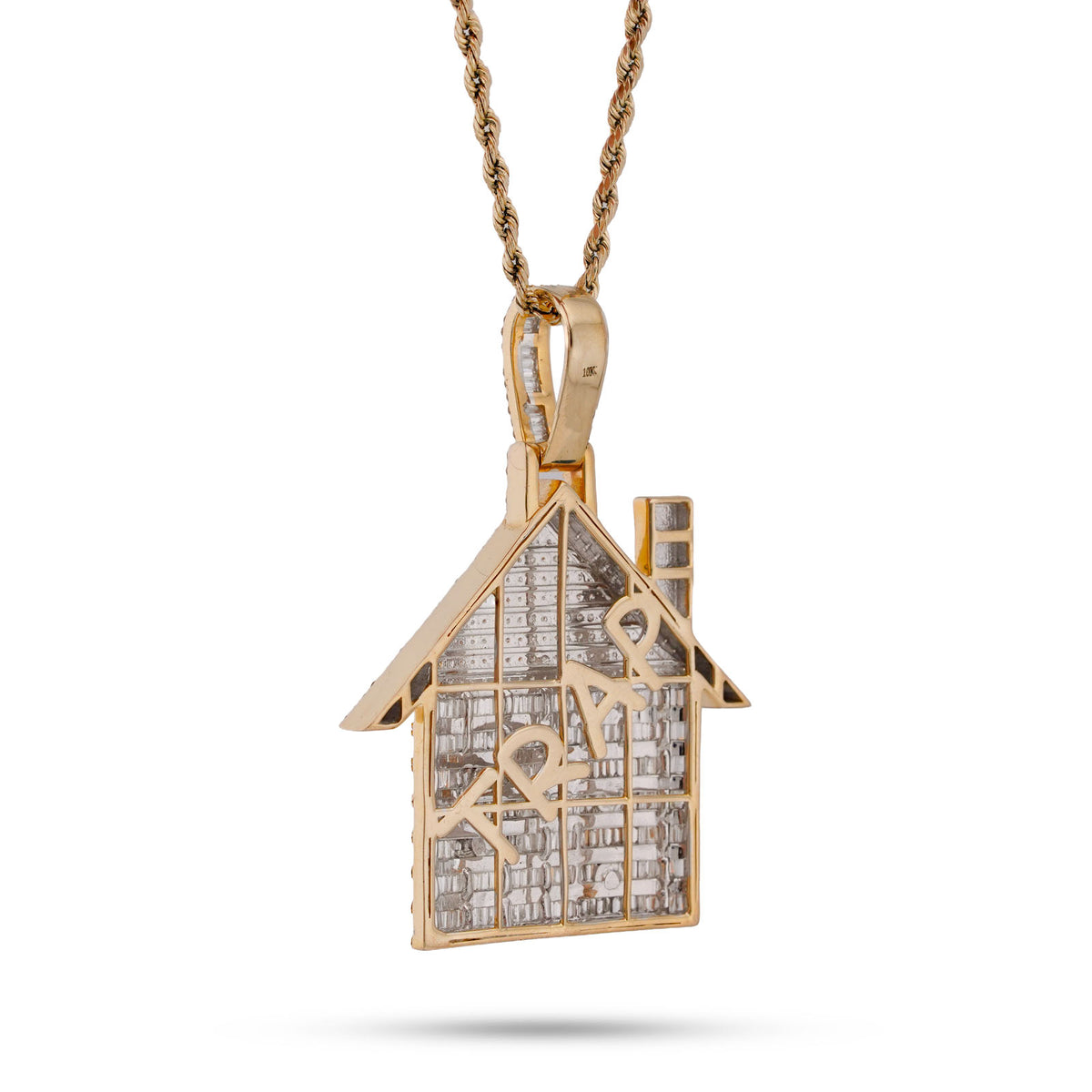 10K Yellow Gold Trap House Round/Baguette 9CT Natural Diamond Charm Pendant — view 3