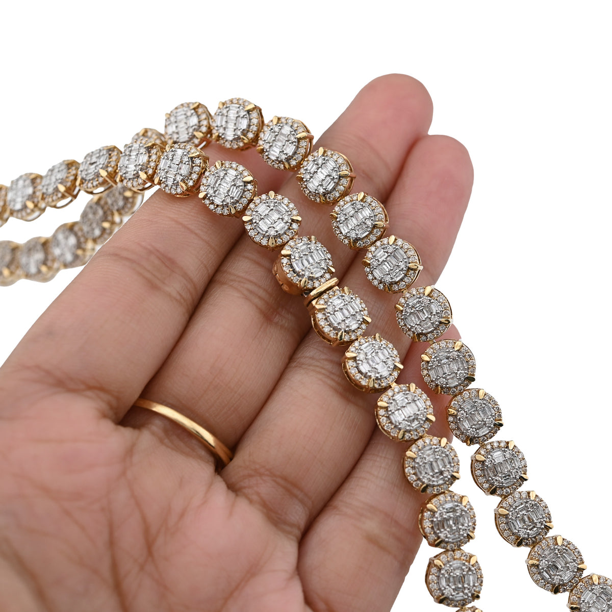 10K Yellow Gold 14 CTW Natural Diamond Baguette/Round Tennis Chain Round Shape Link 20" Necklace — view 3